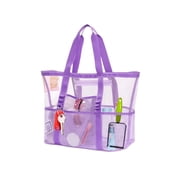 Large Purple Canvas Beach Tote Bag, Adjustable Shoulder Strap, 9 Pockets Foldable Portable Mesh Shoulder Bag, Sandproof Reusable Handbag, Multifunctional Storage Bag for Beach Swimming Gym Travel Vac