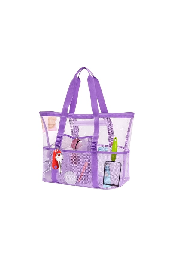 Large Purple Canvas Beach Tote Bag, Adjustable Shoulder Strap, 9 Pockets Foldable Portable Mesh Shoulder Bag, Sandproof Reusable Handbag, Multifunctional Storage Bag for Beach Swimming Gym Travel Vac