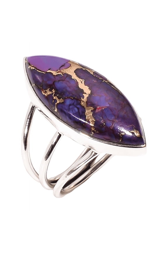 Large Purple Copper Turquoise Gemstone 925 Sterling Silver Statement Ring for Men and Women