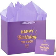 Large Purple Gift Bag Lavender Happy Birthday Gift Wrapping Bag with Tissue Paper and Greeting Card for Kids Girls Women Purple Birthday Party Decorations