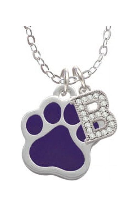 Large Purple Paw - B - Crystal Initial Sophia Necklace, 18"+1"