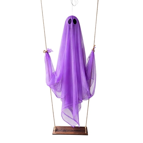 Large Purple Swing Ghost Halloween Decoration, Moving Hanging Specter with Wooden Seat, Battery Operated Sheer Gauze Ghost for Outdoor Yard Tree Porch Haunted House Party Decor