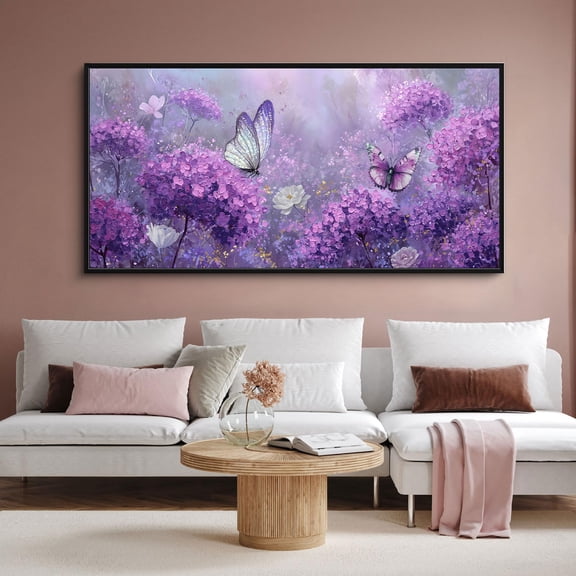 Large Purple Wall Art Decor for Living Room Bedroom Framed Black and White Seascape Full Moon Purple Flower Painting Canvas Picture Modern Hand-Painted Plum Blossom Artwork for Home Office 40"L x 20"