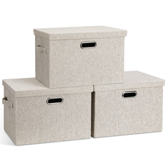Large Quart Collapsible Stackable Storage Bins With Lids 3 Packs Beige Linen Fabric Closet Boxes Cube Baskets Container Organizers For Bedroom Office(16.6 X 11.7 10.8)