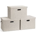 thumbnail image 1 of Large Quart Collapsible Stackable Storage Bins with Lids 3 Packs Beige Linen Fabric Closet Boxes with Lids Storage Cube Baskets Container Organizers for Bedroom Office 16.6 x 11.7 x 10.8, 1 of 7