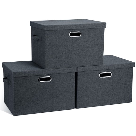 Large Quart Collapsible Stackable Storage Bins with Lids, 3 Packs Beige Linen Fabric Closet Boxes with Lids, Storage Cube Baskets Container Organizers for Bedroom Office