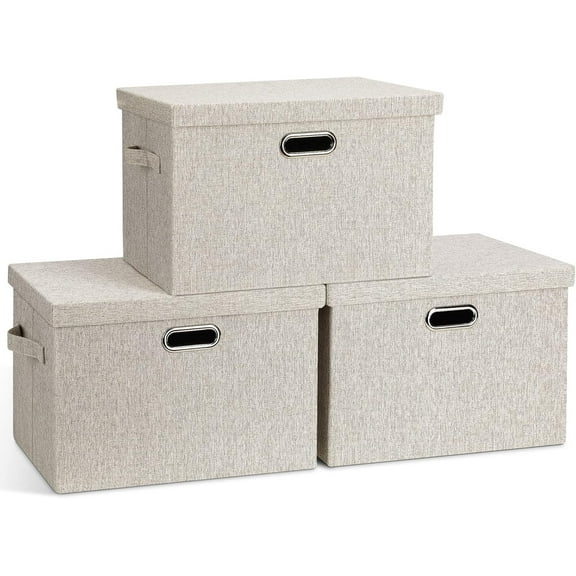 Large Quart Collapsible Stackable Storage Bins with Lids, Beige Linen Fabric, 3 Pack, 16.6 x 11.7 x 10.8 Inches