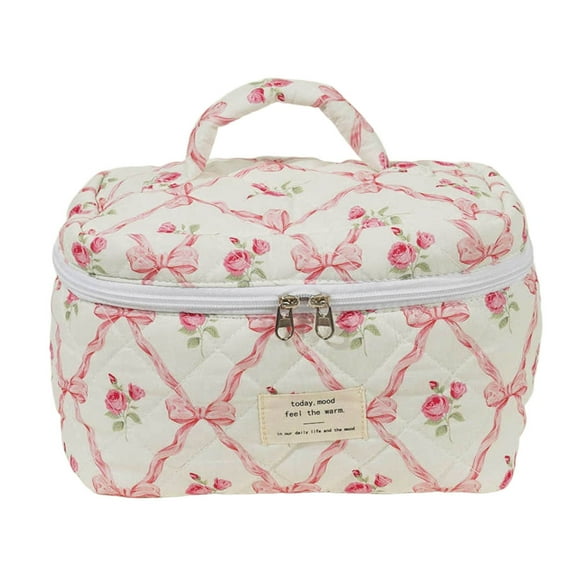 Large Quilted Cosmetic Bag for Ladies and Girls - Cute Flirty Floral Makeup and Travel Toiletry Bag