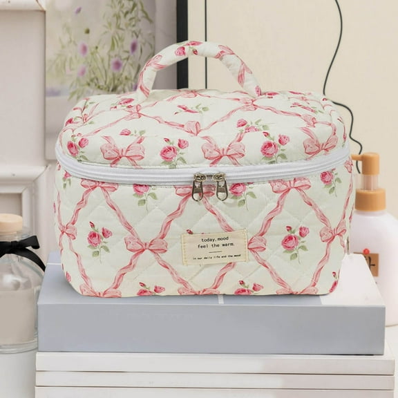 Large Quilted Cosmetic Bag for Women and Girls Floral Makeup Organizer Travel Toiletry Pouch Cute Finishing