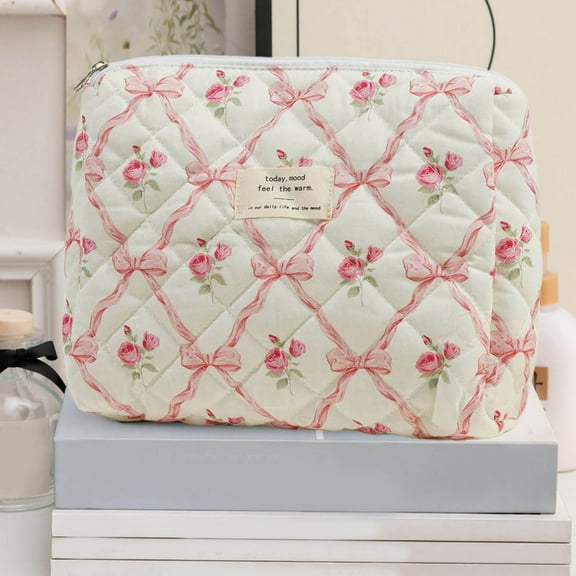 Large Quilted Cosmetic Bag for Women and Girls Floral Makeup Organizer Travel Toiletry Pouch Cute Finishing