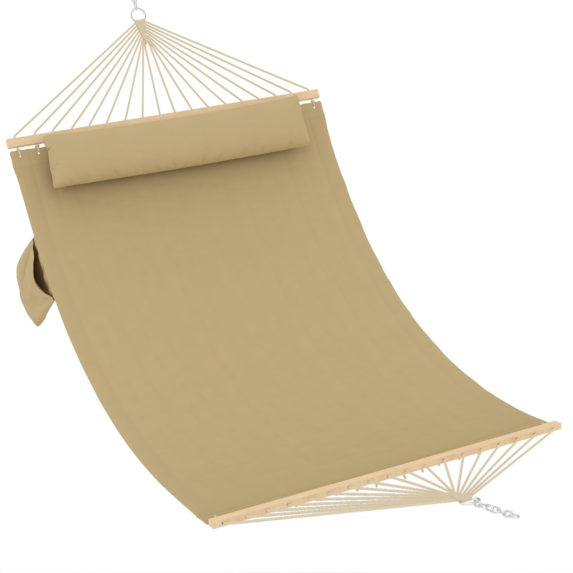 Large Quilted Fabric Hammock for 2 Person, Heavy Duty Hammock with Hardwood Spreader Bars, Detachable Pillow, Support up to 450 LBS, Weather-Resistant, for Patio, Backyard, Pool, Brown