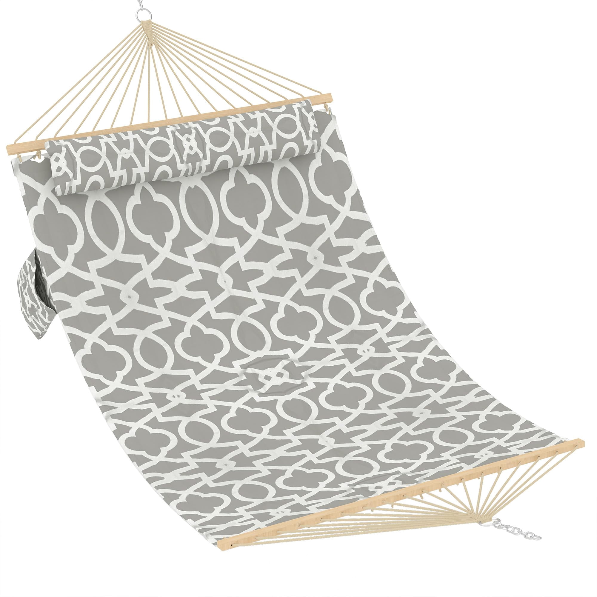 Large Quilted Fabric Hammock for 2 Person, Heavy Duty Hammock with Hardwood Spreader Bars, Detachable Pillow, Support up to 450 LBS, Weather-Resistant, for Patio, Backyard, Pool, Light Gray