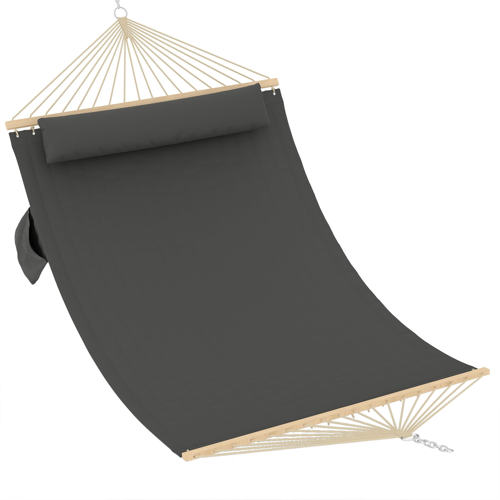 Large Quilted Fabric Hammock for 2 Person, Heavy Duty Hammock with Hardwood Spreader Bars, Detachable Pillow, Support up to 450 LBS, Weather-Resistant, for Patio, Backyard, Pool, Dark Gray