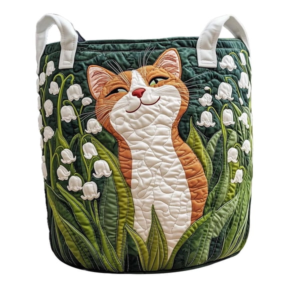 Large Quilted Laundry Basket with Handles - Foldable Boho Floral & Cat Storage Hamper for Nursery, Bedroom, Laundry Room - 16" x 22"