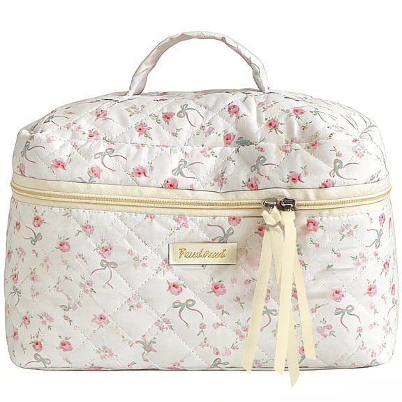 Large Quilted Makeup Bag, Cotton Floral Cosmetic Bag for Women, Cute Coquette Aesthetic Makeup Bag Toiletry Bag, Travel Makeup Organizer Bag with Zipper and Ribbon