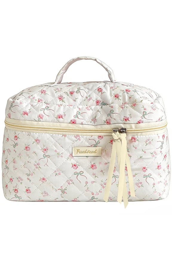 Large Quilted Makeup Bag, Cotton Floral Cosmetic Bag for Women, Cute Coquette Aesthetic Makeup Bag Toiletry Bag, Travel Makeup Organizer Bag with Zipper and Ribbon