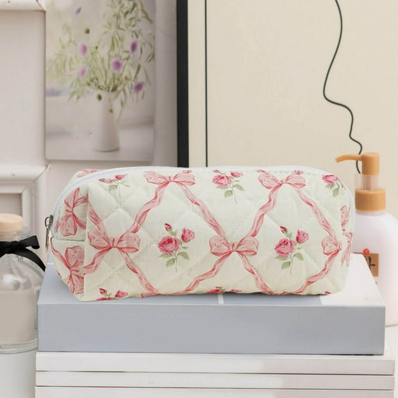 Large Quilted Cosmetic Bag for Women and Girls Flirty Floral Makeup Pouch Travel Toiletry Organizer with Durable Fabric