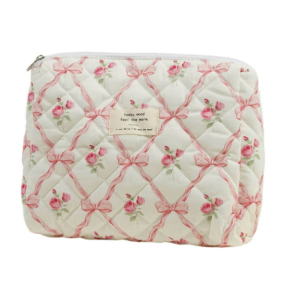 Large Quilted Makeup Bags for Ladies and Girls - Cute Floral Design Travel and Toiletry Cosmetic Bag