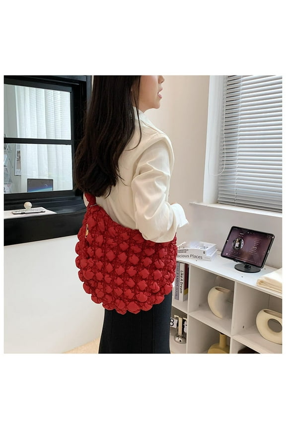 Large Quilted Tote Bag,Tote Bag for Women,Soft Puffer Tote Bag Lightweight Designer Pleated Bags Handbag Puff Bags Tote Bag for Women Leather Tote Bag(Red 13in)