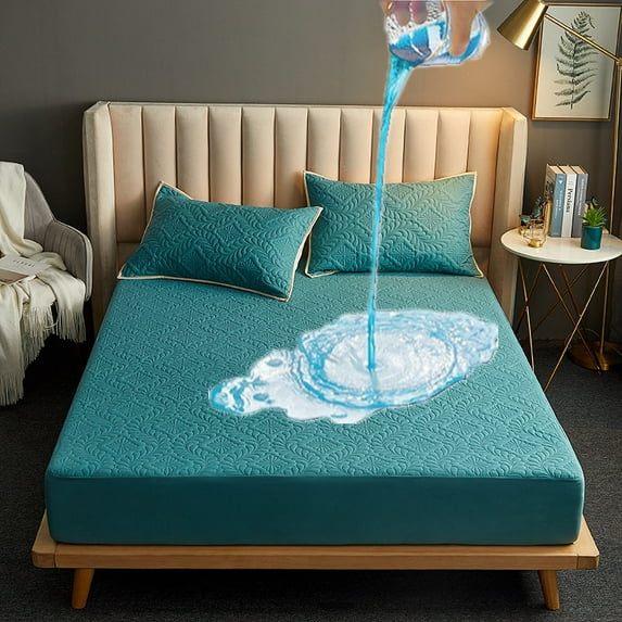 Large Quilted Waterproof Mattress Cover, Fully Jacquard Fabric, Mattress Protector, Soft Pad for Bed, Home Decor, Luxury (Green,135x200cm)