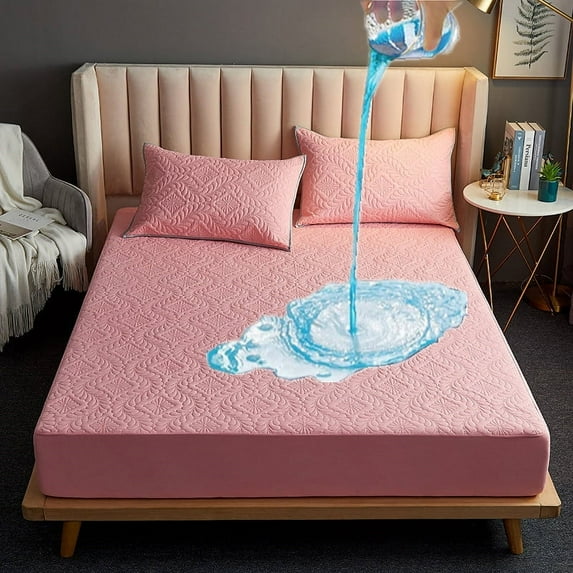 Large Quilted Waterproof Mattress Cover, Fully Jacquard Fabric, Mattress Protector, Soft Pad for Bed, Home Decor, Luxury (Pink,150x200cm)