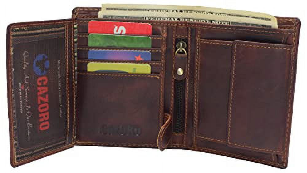 Large RFID Genuine Vintage Leather Card Holder Bifold Trifold Wallet Snap Closure 2 ID Windows