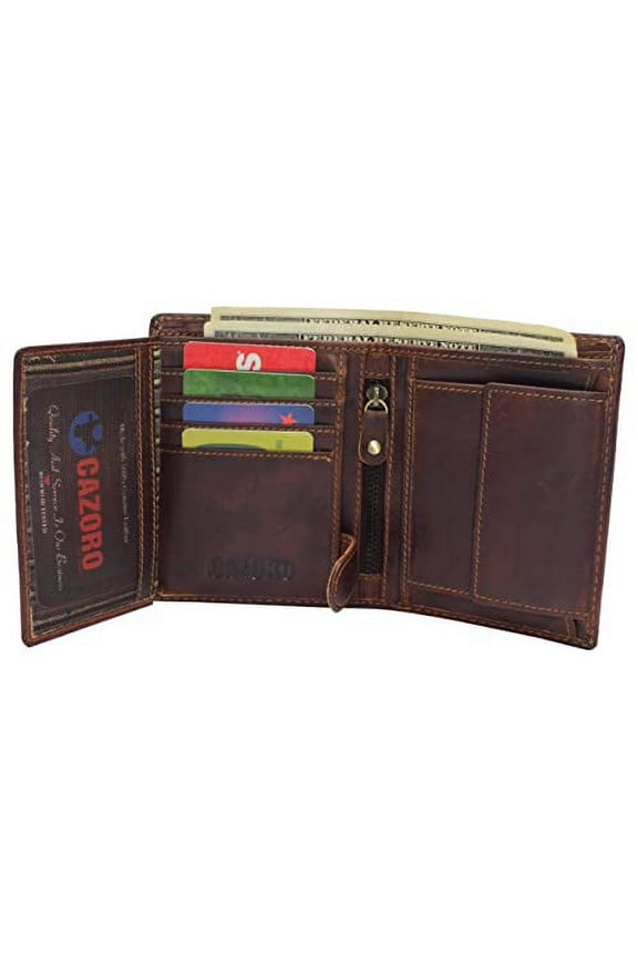 Large RFID Genuine Vintage Leather Card Holder Bifold Trifold Wallet Snap Closure 2 ID Windows for Men