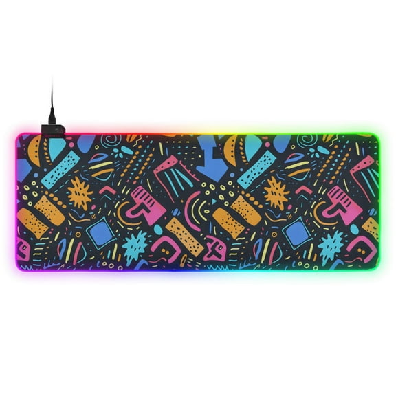 Large RGB Gaming Mouse Pad Led Glowing Mousepad Non-Slip Rubber Base 13 Light Modes 31.5x11.8 Abstract Colorful Modern Doodles
