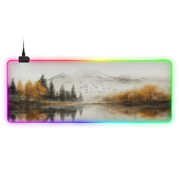 Large RGB Gaming Mouse Pad Led Glowing Mousepad Non-Slip Rubber Base 13 Light Modes 31.5x11.8 Autumn Misty Mountains