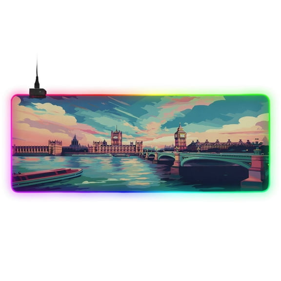Large RGB Gaming Mouse Pad Led Glowing Mousepad Non-Slip Rubber Base 13 Light Modes 31.5x11.8 Building Ship Sea Bridge