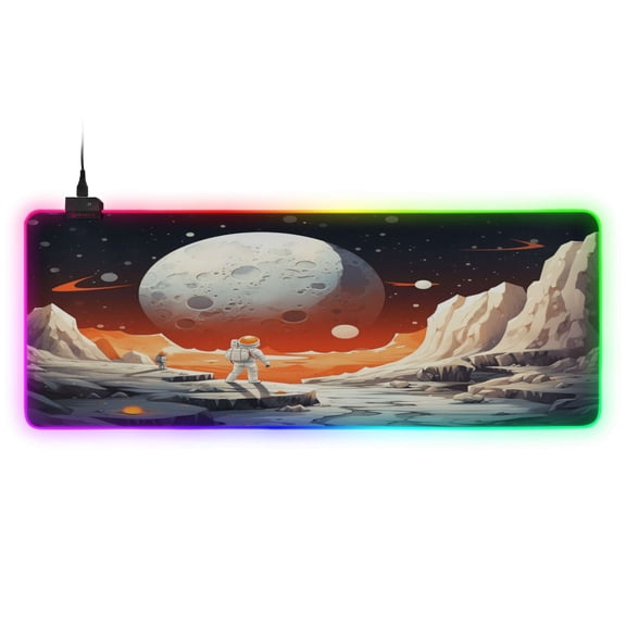 Large RGB Gaming Mouse Pad Led Glowing Mousepad Non-Slip Rubber Base 13 Light Modes 31.5x11.8 Cartoon Astronaut and Moon