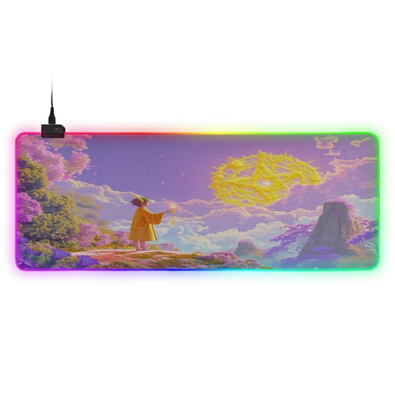 Large RGB Gaming Mouse Pad Led Glowing Mousepad Non-Slip Rubber Base 13 Light Modes 31.5x11.8 Cartoon Boy with Staff