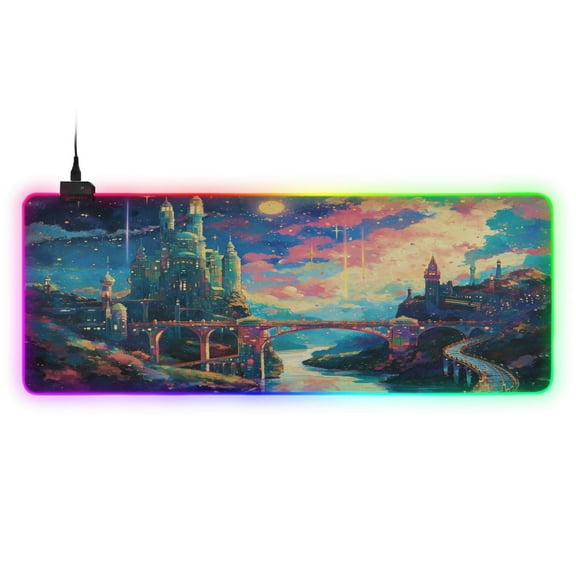 Large RGB Gaming Mouse Pad Led Glowing Mousepad Non-Slip Rubber Base 13 Light Modes 31.5x11.8 Castle Bridge Starry Sky