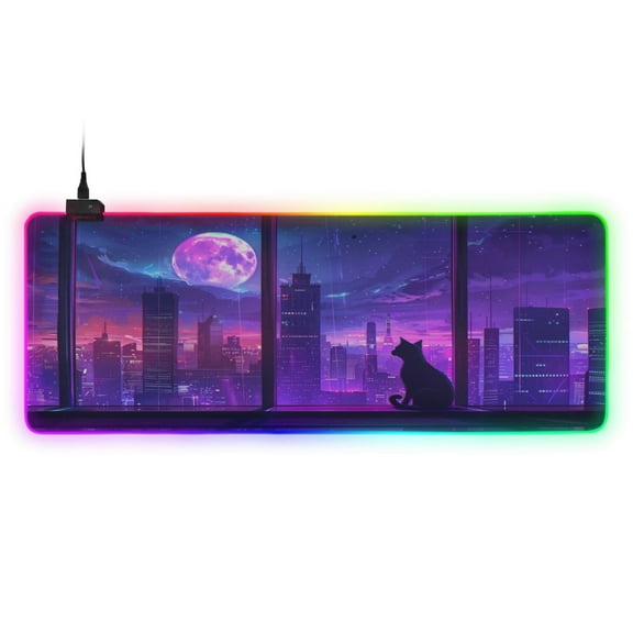 Large RGB Gaming Mouse Pad Led Glowing Mousepad Non-Slip Rubber Base 13 Light Modes 31.5x11.8 Cat Moon City