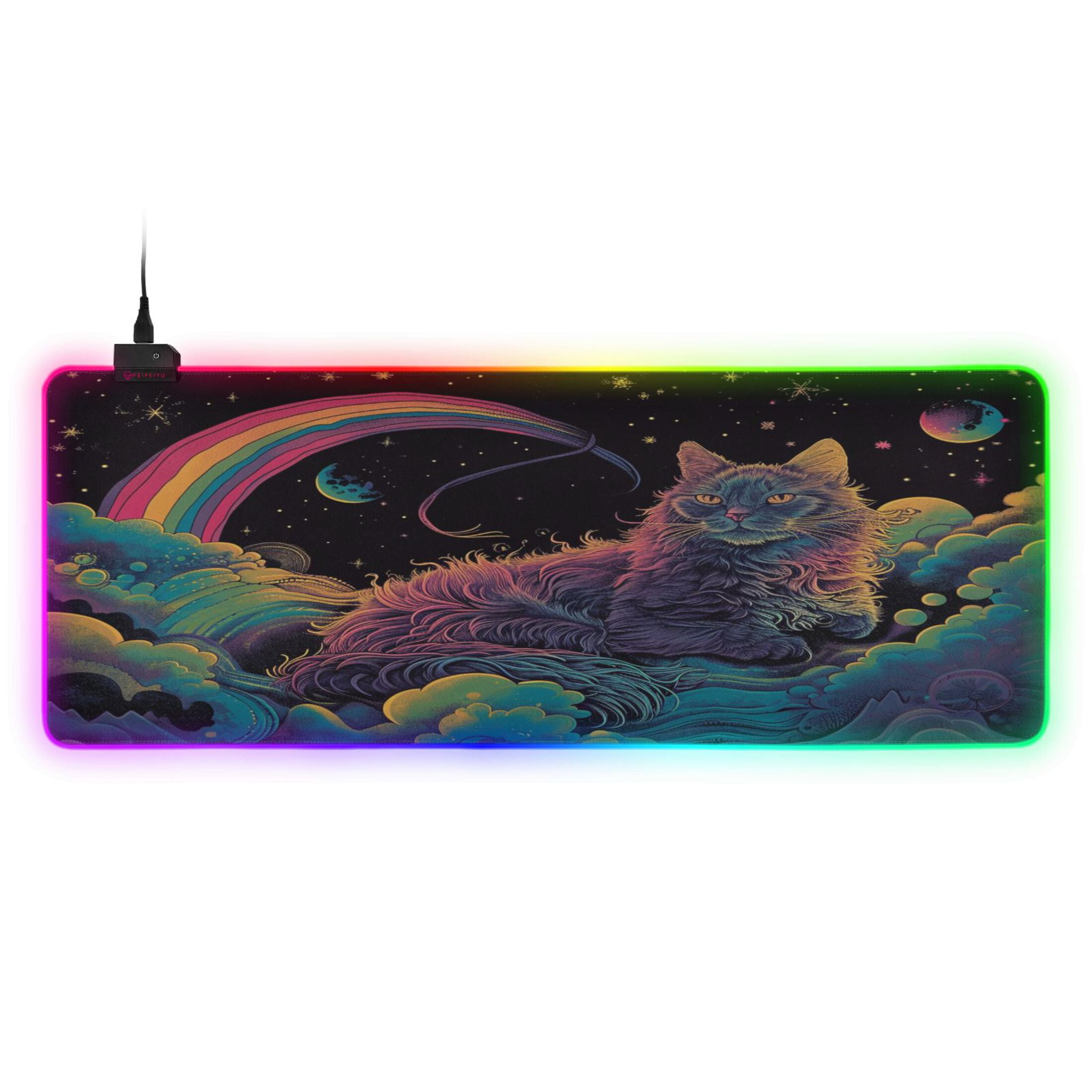 Large RGB Gaming Mouse Pad Led Glowing Mousepad Non-Slip Rubber Base 13 Light Modes 31.5x11.8 Cat Space Rainbow Planet