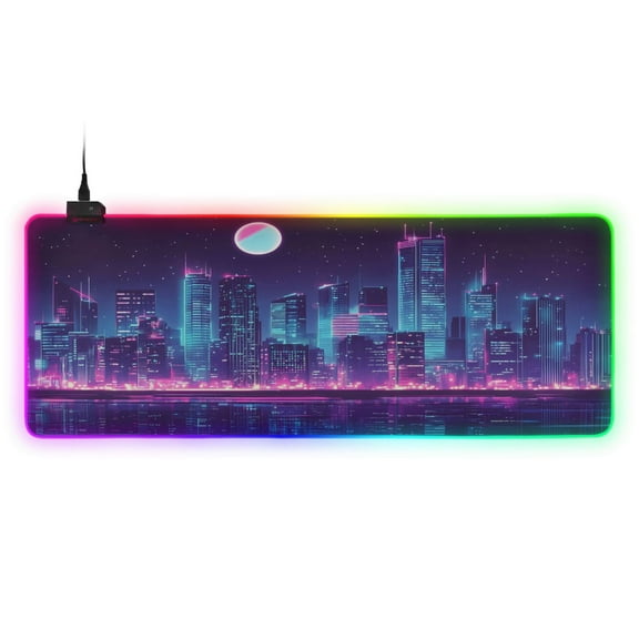 Large RGB Gaming Mouse Pad Led Glowing Mousepad Non-Slip Rubber Base 13 Light Modes 31.5x11.8 Cyberpunk City at Night