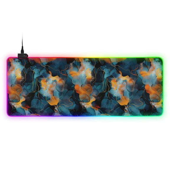 Large RGB Gaming Mouse Pad Led Glowing Mousepad Non-Slip Rubber Base 13 Light Modes 31.5x11.8 Dark Blue and Orange Marble