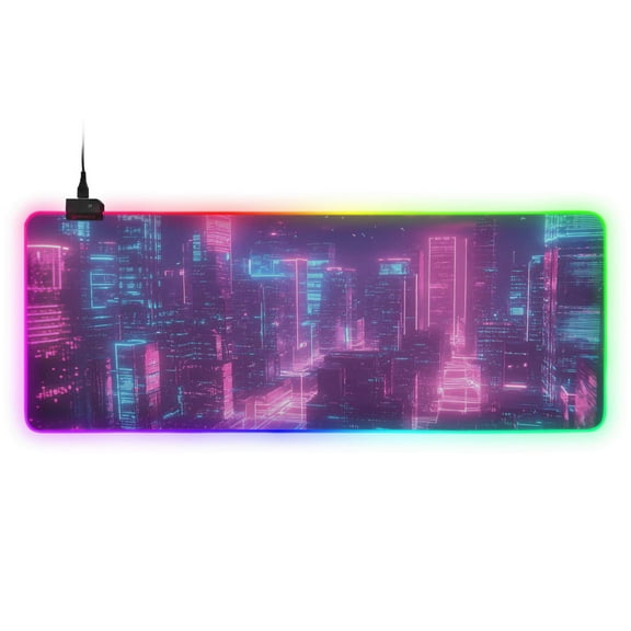 Large RGB Gaming Mouse Pad Led Glowing Mousepad Non-Slip Rubber Base 13 Light Modes 31.5x11.8 Futuristic Cyberpunk City