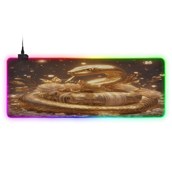 Large RGB Gaming Mouse Pad Led Glowing Mousepad Non-Slip Rubber Base 13 Light Modes 31.5x11.8 Golden Snake with Flowers