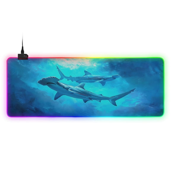 Large RGB Gaming Mouse Pad Led Glowing Mousepad Non-Slip Rubber Base 13 Light Modes 31.5x11.8 Hammerhead Sharks Swimming