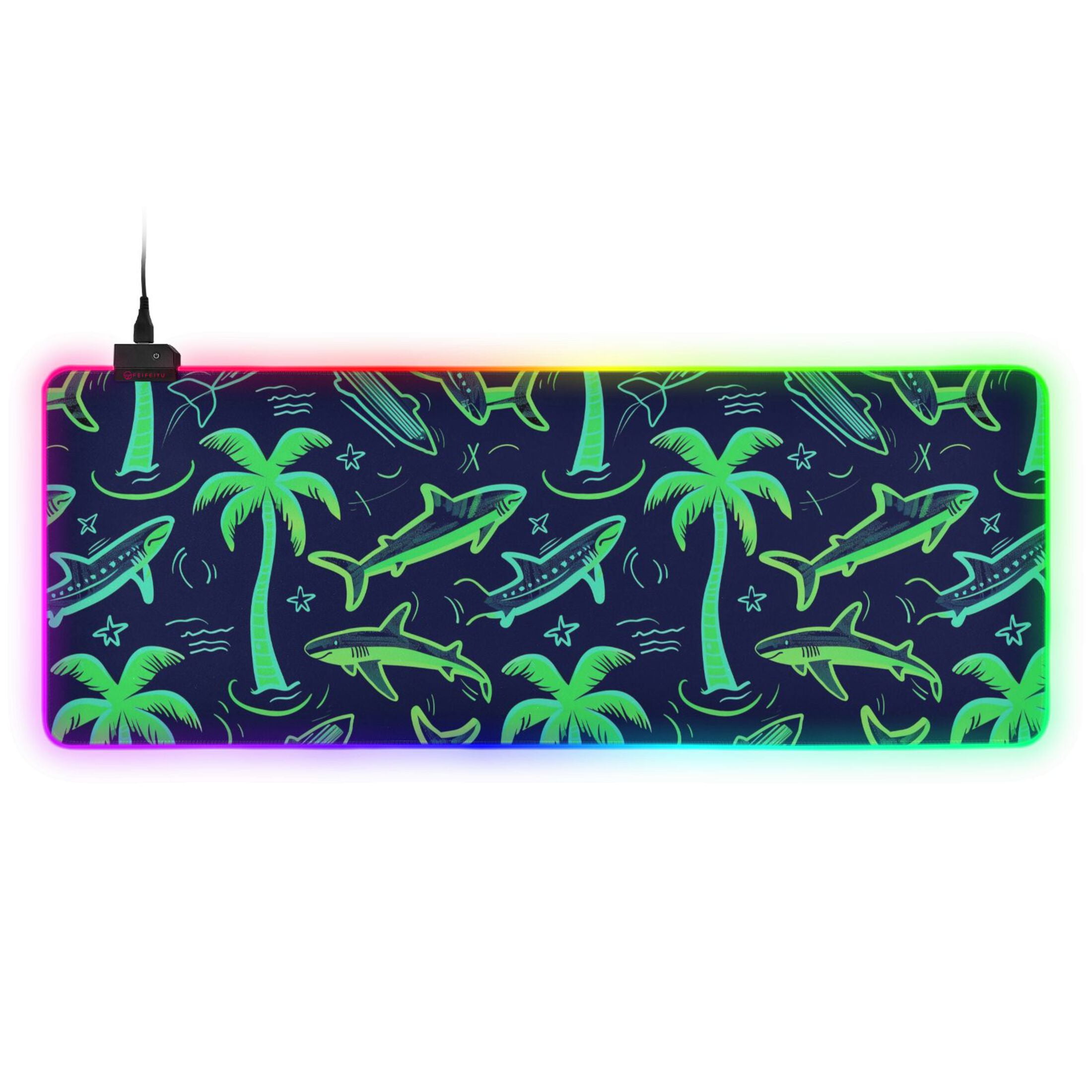Large RGB Gaming Mouse Pad Led Glowing Mousepad Non-Slip Rubber Base 13 Light Modes 31.5x11.8 Neon Green Shark and Palm Trees