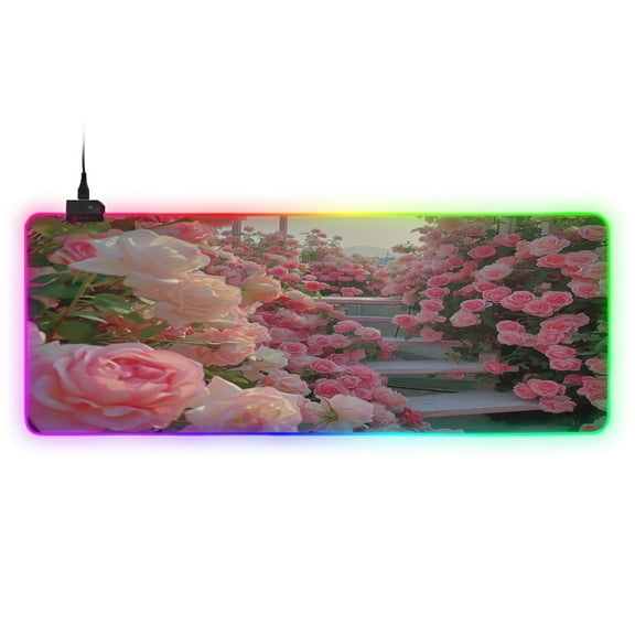 Large RGB Gaming Mouse Pad Led Glowing Mousepad Non-Slip Rubber Base 13 Light Modes 31.5x11.8 Path in Rose Flower