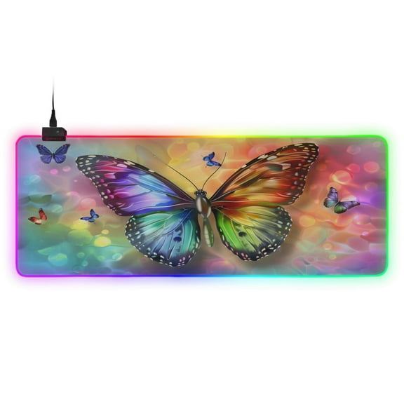 Large RGB Gaming Mouse Pad Led Glowing Mousepad Non-Slip Rubber Base 13 Light Modes 31.5x11.8 Rainbow Butterflies