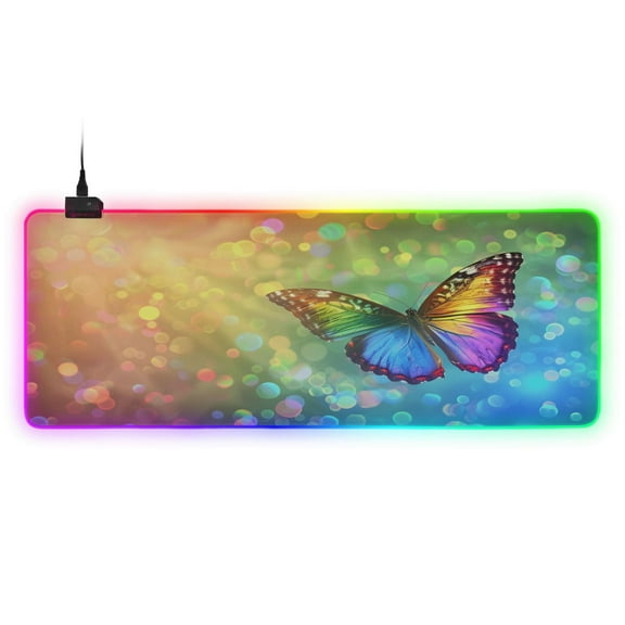 Large RGB Gaming Mouse Pad Led Glowing Mousepad Non-Slip Rubber Base 13 Light Modes 31.5x11.8 Rainbow Butterfly Flying