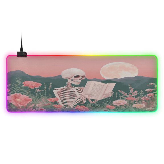Large RGB Gaming Mouse Pad Led Glowing Mousepad Non-Slip Rubber Base 13 Light Modes 31.5x11.8 Skeleton Skull Read Book