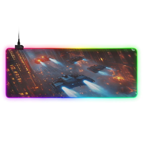 Large RGB Gaming Mouse Pad Led Glowing Mousepad Non-Slip Rubber Base 13 Light Modes 31.5x11.8 Spaceships Flying over City