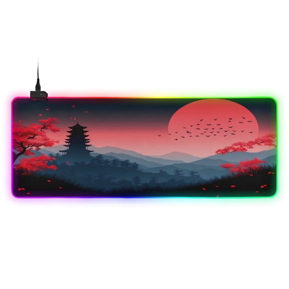 Large RGB Gaming Mouse Pad Led Glowing Mousepad Non-Slip Rubber Base 13 Light Modes 31.5x11.8 Sun Tower Cherry Mountains
