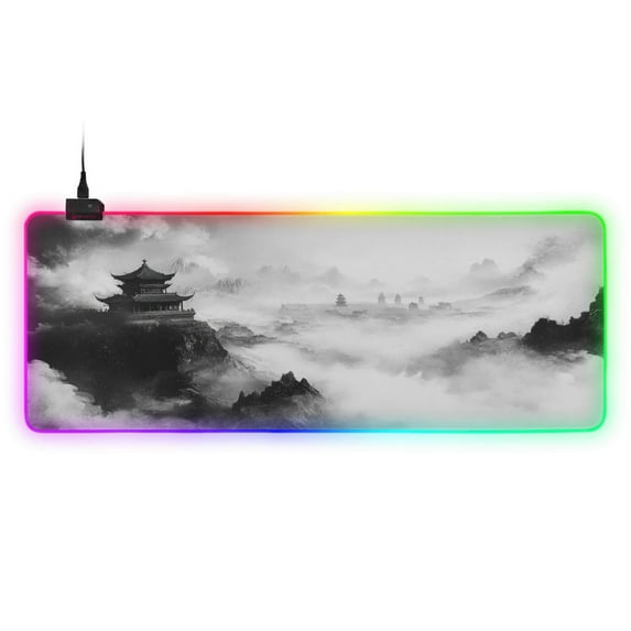 Large RGB Gaming Mouse Pad Led Glowing Mousepad Non-Slip Rubber Base 13 Light Modes 31.5x11.8 Traditional Chinese Ink Landscape