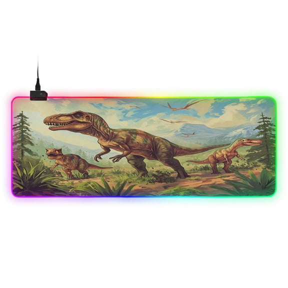 Large RGB Gaming Mouse Pad Led Glowing Mousepad Non-Slip Rubber Base 13 Light Modes 31.5x11.8 Tyrannosaurus and Pterodactyls in Jungle