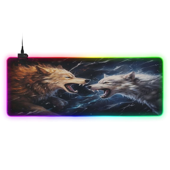 Large RGB Gaming Mouse Pad Led Glowing Mousepad Non-Slip Rubber Base 13 Light Modes 31.5x11.8 Wolfs with Battle